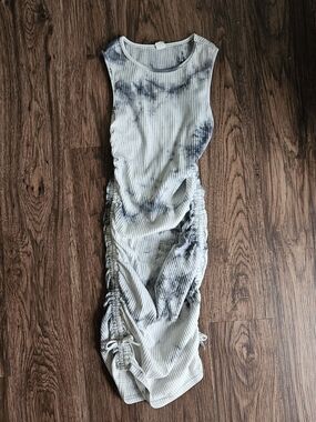 Girls 14 Tie-Dye Ribbed Sleeveless Drawstring Midi Dress - White & Gray